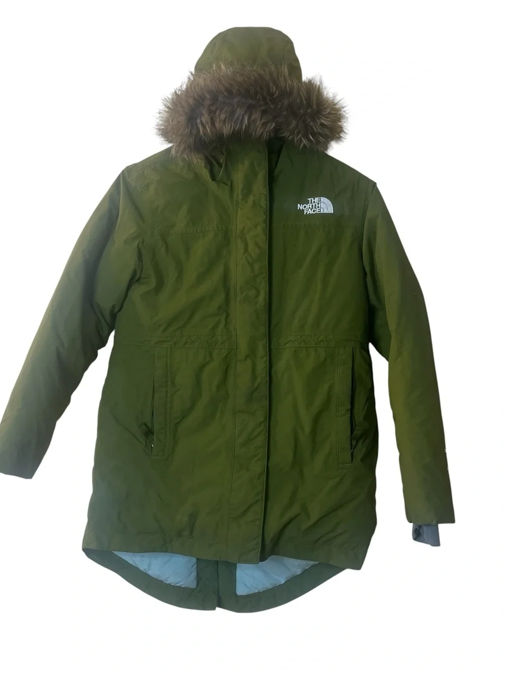 The North Face Girl’s Olive Green Parka with Faux Fur Hood Sz M